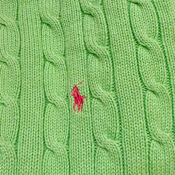 Polo Ralph Lauren green cotton cable-knit preppy sweater pink embroidered pony - Picture 9 of 10